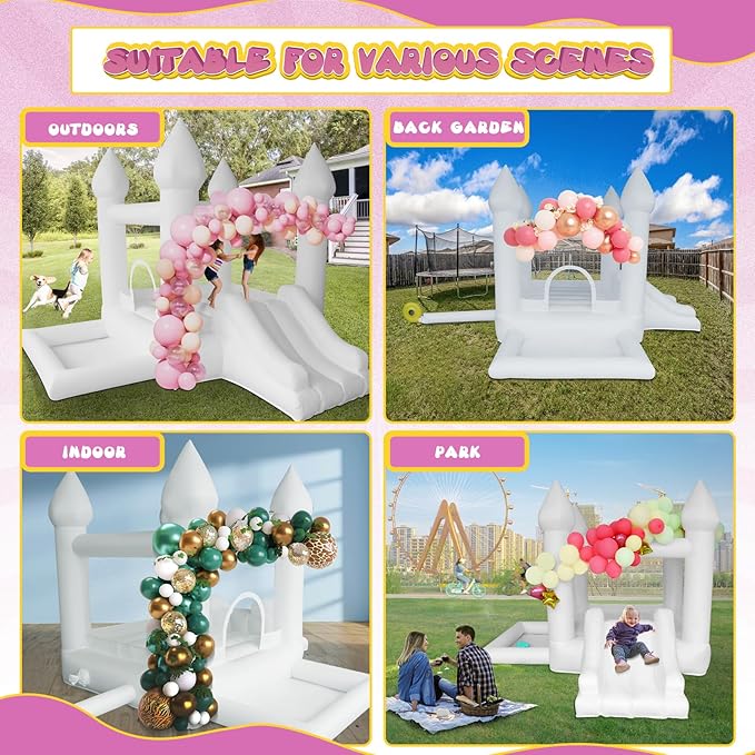 AKSPORT White Bounce House Castle Inflatable Jumping Castle with Slide & Air Blower for Kid, Wedding, Birthday Party Castle, 9 * 9 * 7FT