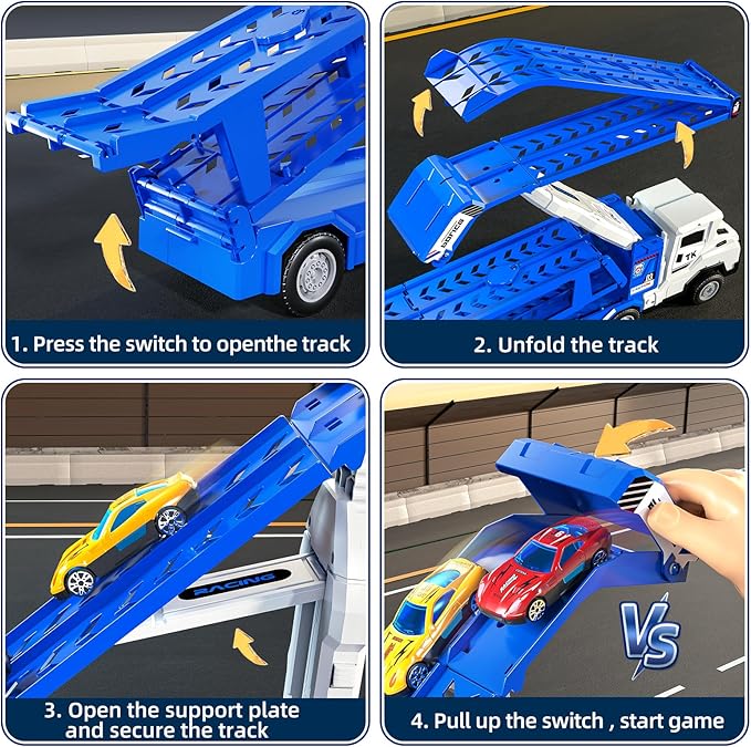 Transport Truck Toys for 3 4 5 6 7 Years Old Boys,Toys Cars Track Set Transporter Trucks with 12 Die-Cast Car Toys 2 Race catapults Dual-Track Model,Toddler Car Toy Set for Kids Boys Girls