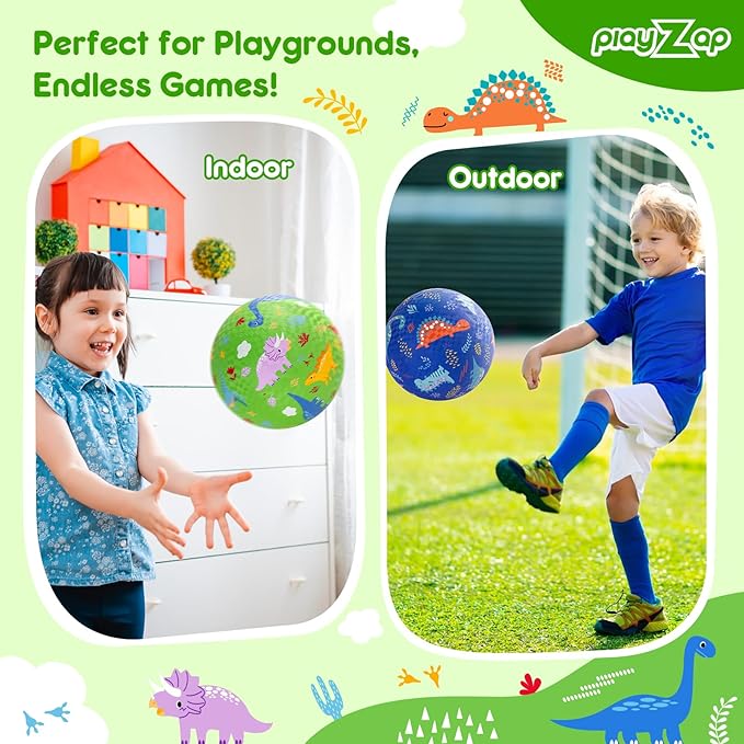 PlayZap 2 Pack Playground Balls for Kids, Dinosaur Kickballs for Toddlers 1-8, 8.5 in Rubber Balls with Pump, Indoor & Outdoor Dodgeball Toys for Boys & Girls Gifts