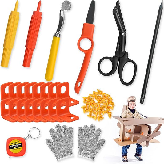 FEMBW Cardboard Construction Kit – 150 PCS DIY STEM Craft Set with Kid-Safe Cardboard Cutter,Safe Serrated Cutter & Tools for Creative Projects, School, Home, Team Activities, Ages 5+