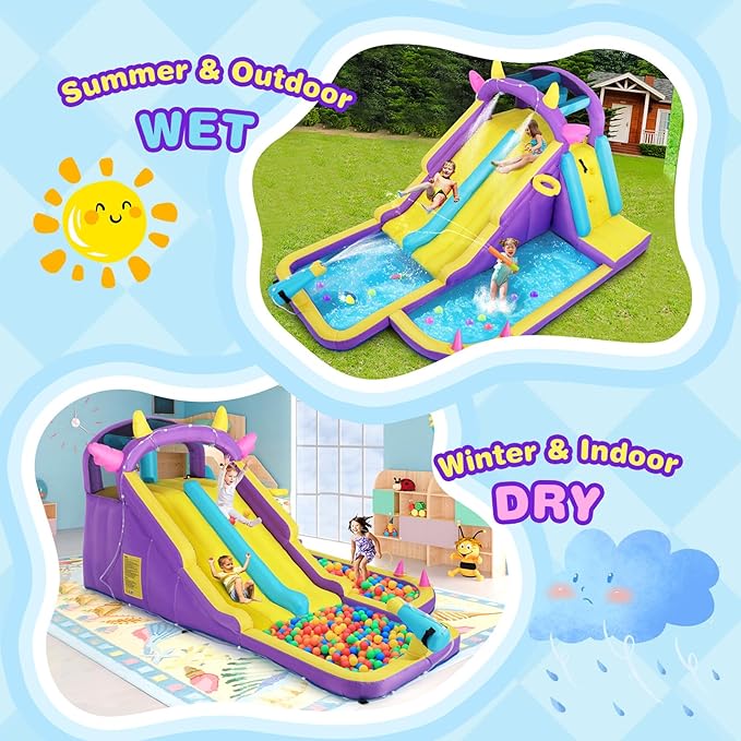 JOYLDIAS Inflatable Water Slide,Water Park Bounce House,Slide Bouncer Castle Playhouse w/Splash Pool, Climbing Wall, Ring Toss Game for Kids Outdoor Fun, 480W Air Blower
