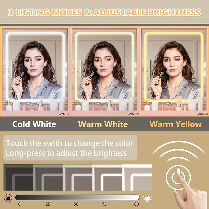 Makeup Vanity Desk with Mirror and Lights, 41" Pink Vanity Set with 5 Drawers & 4 Glass Cabinets, Power Outlet & Adjustable LED Lights, Dressing Table for Women & Girls Bedroom