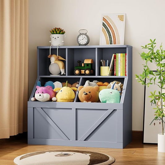 Kids Bookshelf and Toy Storage, Toy Storage Organizer, Toy Organizer with Storage Cabinet and Toy Shelf, Toddler Book Shelf for Kids Rooms, Playroom, Bedroom, Nursery, Daycare, Living Room, Grey