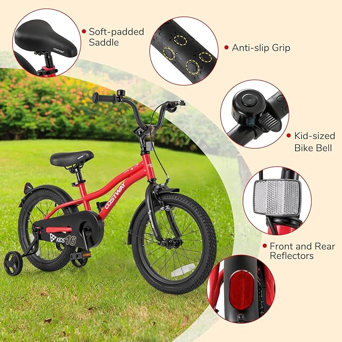 COSTWAY 12/14/16/18 Inch Kids Bike, Children Toddler Bicycle with Training Wheels, Adjustable Seat & Handlebar, Handbrake & Coaster Brake, Reflectors, Bell, Suitable for 3-8 Years Old Boys Girls