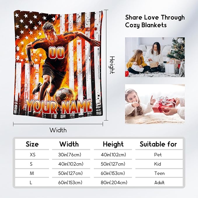 Soccer Blanket for Boys, Personalized Kids Throw Blankets, Custom Soccer Gifts for Son, Warm Flannel Sports Theme Throw for Sofa, 30"x40"