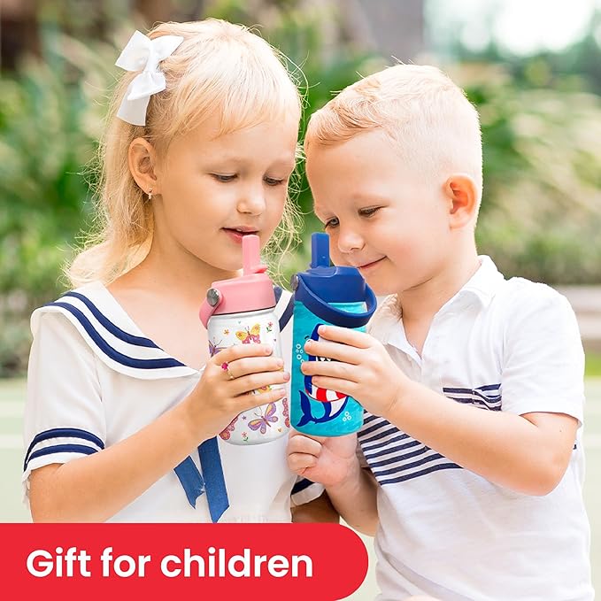 Shark Water Bottle - Kids Water Bottle with Straw Lid - 12 Oz Insulated Stainless Steel Water Bottles for Kid Boys - Travel Cup for School Sports