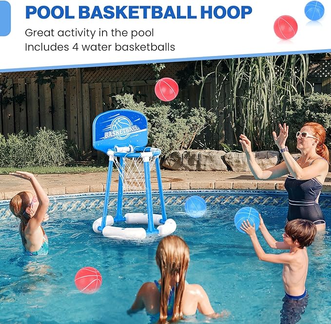 Pool Basketball Hoop with Backboard, Floating Pool Toy with 4 Balls and Pumps, Pool Basketball Game Outdoor Toy for Kids Adults Family Party Water Summer Toys (Red) (Blue-with Board)