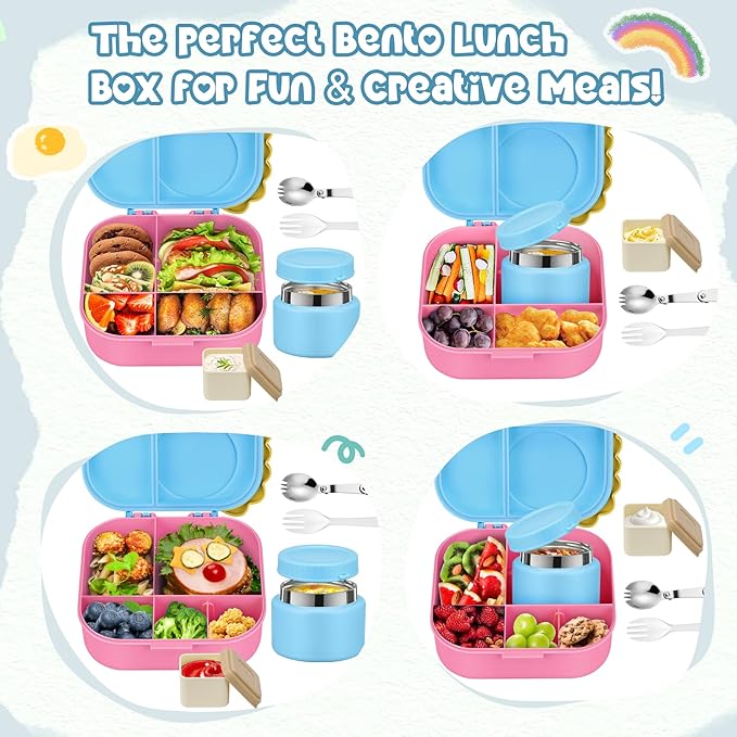 Dinosaur Lunch Box for Kids with Secret Compartment | 4 Compartments Bento Box + 12oz Insulated Food Jar | Leak-Proof Sauce Cup & Collapsible Spoon | BPA-Free, Dishwasher Safe(Grey+Grey Jar)