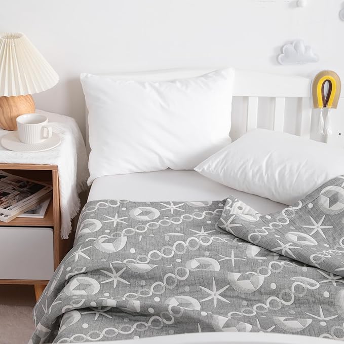 NTBAY 3 Layer Toddler Blanket, Muslin Cotton Jacquard Bed Blankets, Lightweight Thermal Baby Blanket, Super Soft and Warm Crib Blanket for All Seasons, Decoration Gift, 30"x40", Grey Starfish