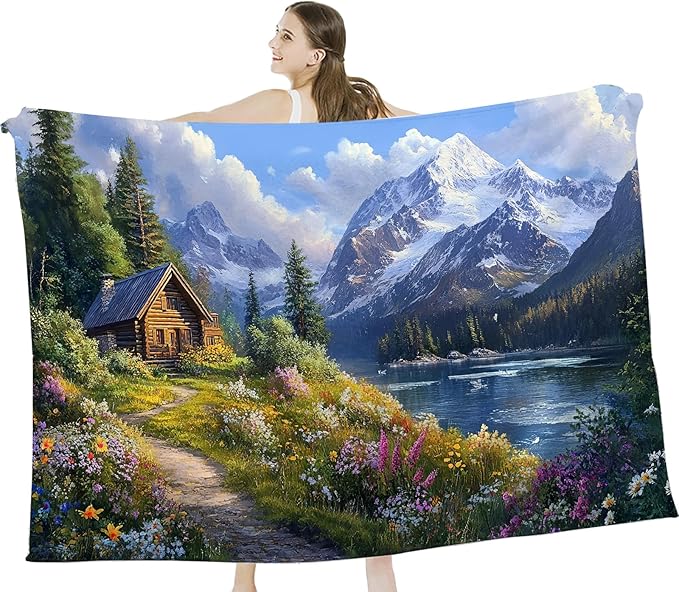 Mountain Landscape Blanket, Nature Lake Tree Fleece Blanket Gifts for Boys Girls, Warm Cozy Soft Flannel Stuff for Bed Sofa Couch 80" x 60"