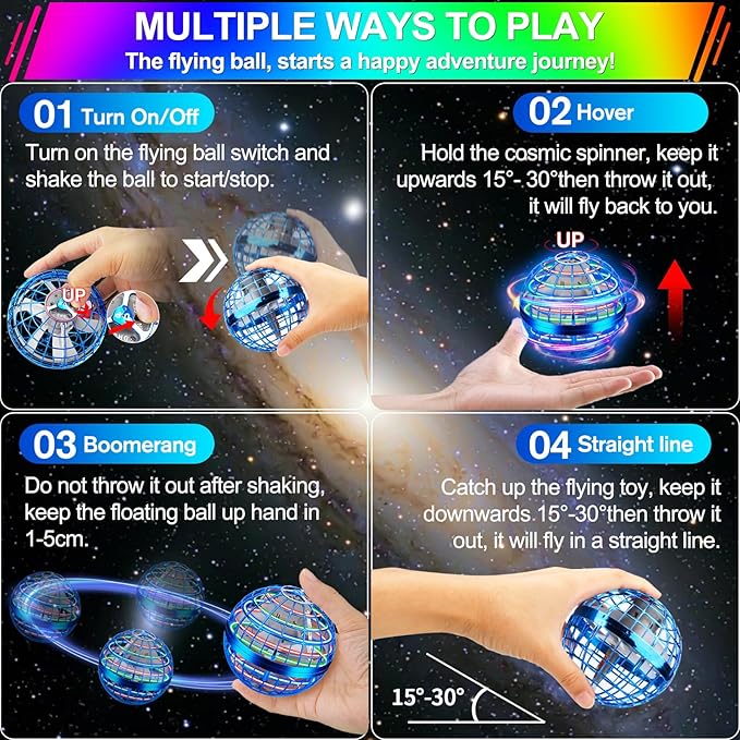 Flying Orb Ball Toy,2025 Upgraded Parachute LED,Magic Hand Controlled Flying Gravity Ball,Cosmic Globe Boomerang,Cool Christmas Birthday Gift for 6 7 8 9 10+ Year Old Boys Girls-Blue & Red