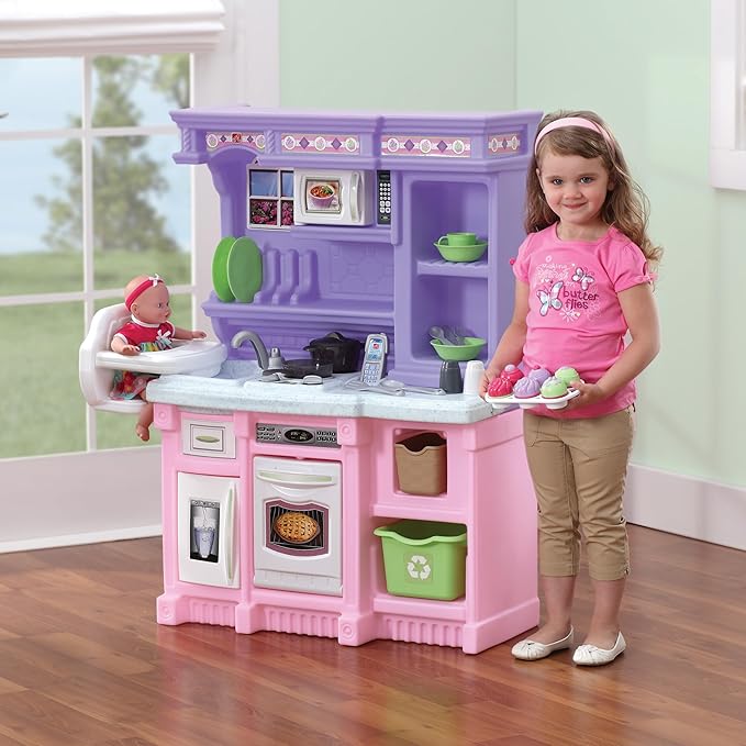 Step2 Little Baker's Kids Kitchen Playset, Indoor/Outdoor Kitchenette, Interactive Play with Lights and Sounds, Made of Durable Plastic, 30 Piece Toy Accessories, Toddlers 2+ Years Old, Purple/Pink