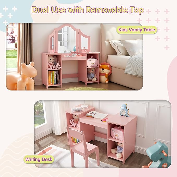 2 in 1 Kids Vanity Set, Princess Makeup Vanity Storage Cabinet with Detachable Top, Girls Vanity Set with Tri-fold Mirror for Age 3-9 (Pink with Chair)