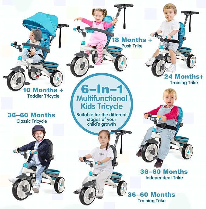 Costzon Tricycle for Toddlers, 6 in 1 Trike w/Parent Handle, Adjustable Canopy, Storage, Safety Harness & Wheel Brakes, Baby Push Tricycle Stroller for Kids Boys Girls Aged 9 Month-5 Years Old, Blue