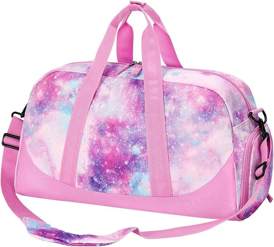 Choco Mocha Duffle Bag Kids Girls - Galaxy Overnight Bags for Kid with Shoes Compartment, Cute Weekender Bag for Sleepover Travel, Pink