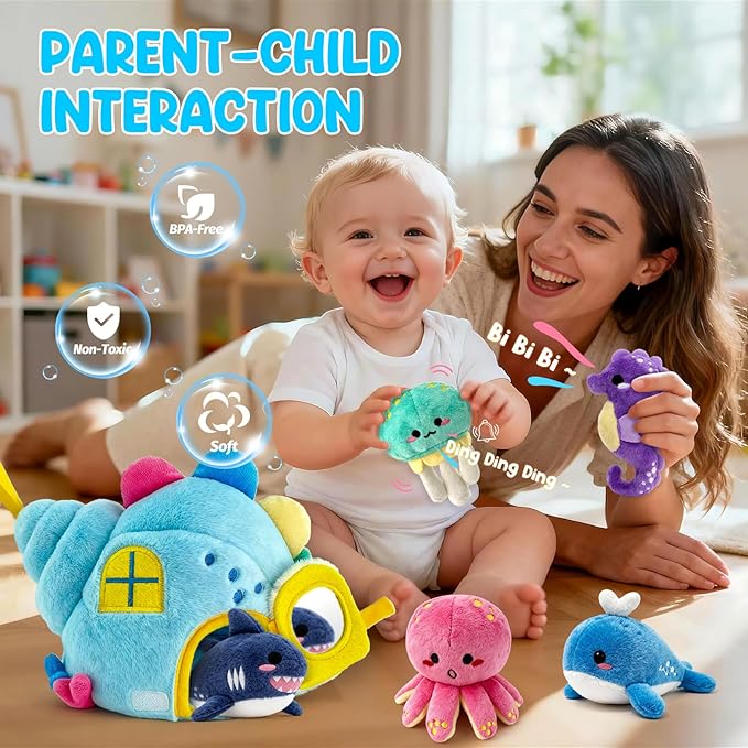 pamexin Baby Toys 6-12 Months, Ocean Stuffed Animals Set with 1 Conch House and 5 Sea Creatures, Rattle, Lanyard, Mirror, Montessori Toys for 6+ Month Old, Gifts for Babies Grandkids