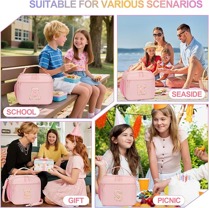 Kids Initial Lunch Bag, Reusable Insulated Lunch Box for Girls Toddlers, Back to School Gift, Leak-proof Cooler Bag for School Daycare Travel Picnic, Pink-H