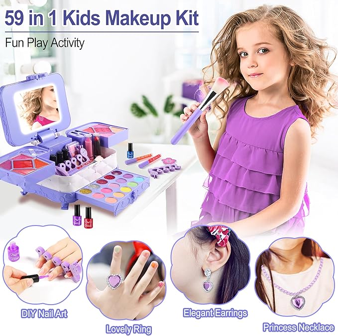 59 in 1 Kids Makeup Kit, with 3-Color Led Makeup Mirror Real Washable Kid Makeup Set for Girls, Perfect Girl Birthday Gift, Age 3+