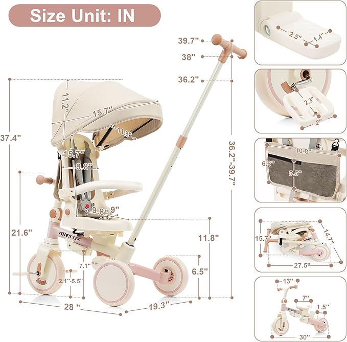 7 in 1 Baby Tricycle Toddler Trike Collapsible Frame Kid Rider Removable Pedal Ages 1Y-6Y