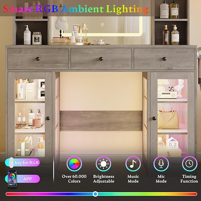 Makeup Vanity Desk with Mirror and Lights, 43" Grey Vanity with Glass Top, Jewelry Storage, 3 Drawers & Glass Cabinets, Power Outlet & Adjustable LED Lights, Dressing Table for Women & Girls Bedroom
