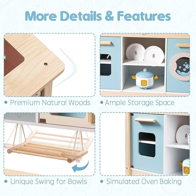 ROBUD Wooden Play Kitchen Set for Kids Toddlers, Toy Kitchen Gift for Boys Girls, Age 3+
