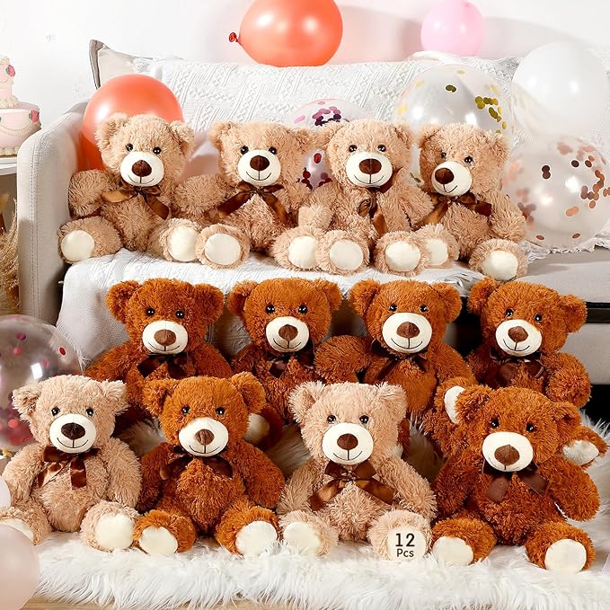Zhanmai 12 Pcs 14 Inch Bear Stuffed Animal Bulk Operation 2025 Graduation Gifts Bulk Plush Stuffed Bear for Bridal Anniversary Shower Gifts(Light Brown, Dark Brown)