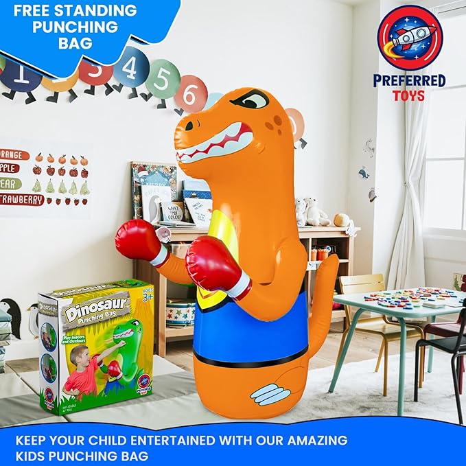 Inflatable Dinosaur Punching Bag for Kids – Bop Bag for Toddlers and Children Ages 3-14 – 47" Blow Up Toy with Bounce-Back Action – Fill Base with Sand or Water