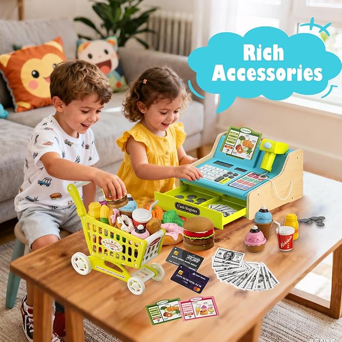 Wooden Cash Register for Kids with Shopping Cart Rechargeable Kid Cash Register with Scanner Gift for Kid Age 3 4 5 6 7 8 9 Year Old Pretend Play for Toddlers Toys for 3-12 Year Old Kids