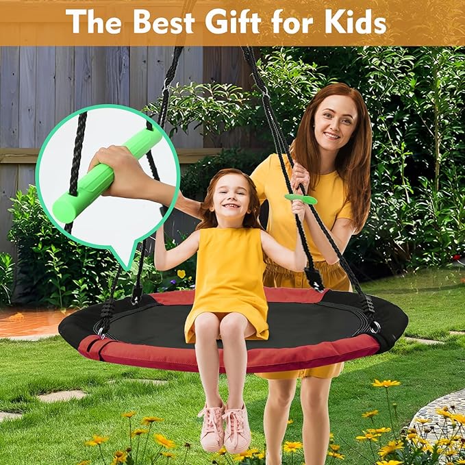 Black Round Saucer Swing with Handles -Made of Sturdy Frame,PP Mat,Adjustable Multi-Strand Ropes,Safe and Durable for Yard Garden Playground Park (Black and Red, 40 inches)