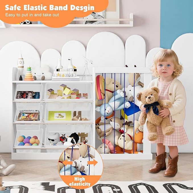 NACHES Kids Toy Organizer and 4-Tier Montessori Bookshelf with 6 Bins, 3-in-1 Toy Shelves and Stuffed Animal Storage for Playroom, Nursery, Baby Room (White)