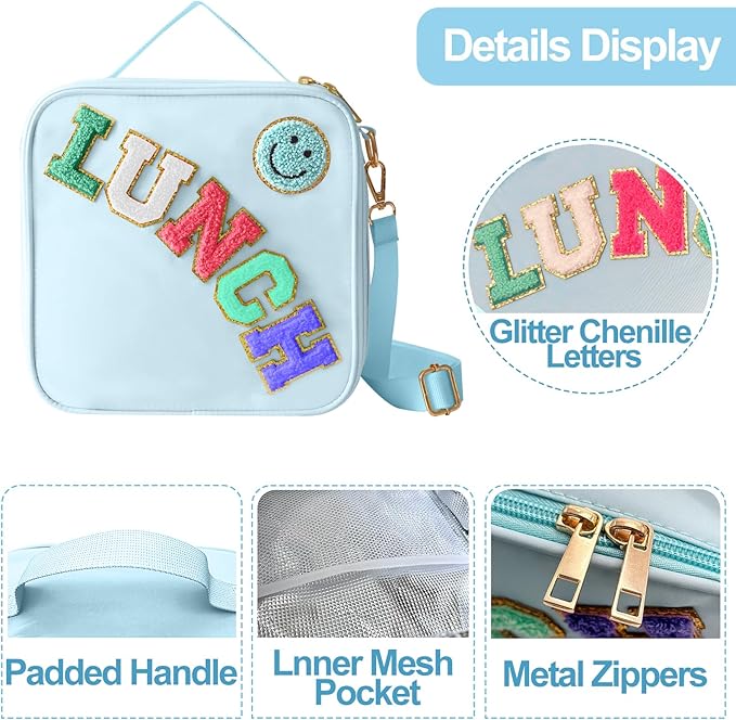 Insulated Lunch Bag With Adjustable Shoulder Strap, Nylon Preppy Lunch Box Large Insulated Lunch Bag Reusable Lunch Tote Bag with Smiley Preppy LunchBag for Girls School Travel Picnic (Blue)