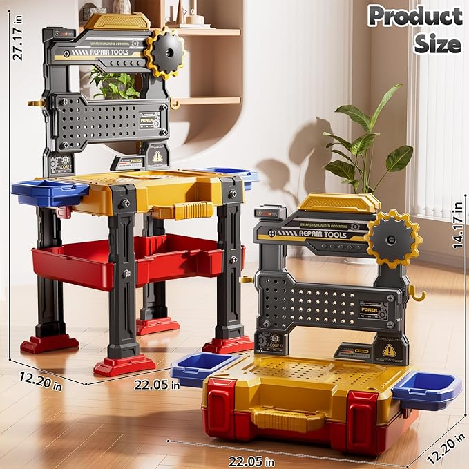 2 in 1 Workbench Tools Toys Set with Sound for Toddlers Aged 3-5, 145 PCS Educational Construction Mechanic Toolbox for Boys Girls, Pretend Play Toys Birthday Gift for Kids 3 4 5 6 Years Old