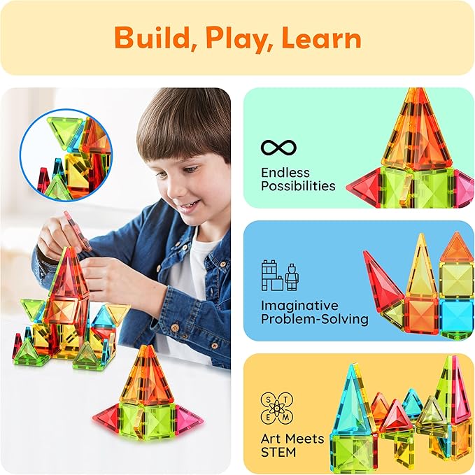 PicassoTiles 36pcs Mini Size Magnetic Tiles Magnet Toys Diamond Series Sensory Construction Building Blocks Set STEM Learning Travel Size Educational Toy for Kids Boys Girls Toddlers Age 3+ PTM36