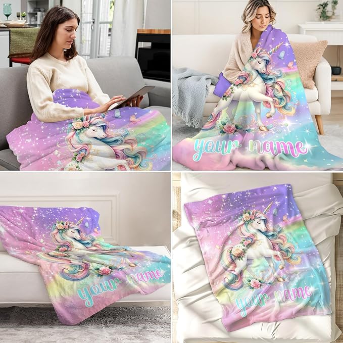 Custom Unicorn Blanket for Girls, 30 x 40 Inches Lap Size Kids Throw- Soft Fuzzy Plush Blankets Gifts - Aesthetic Colorful Unicorn Throws for Lap, Office
