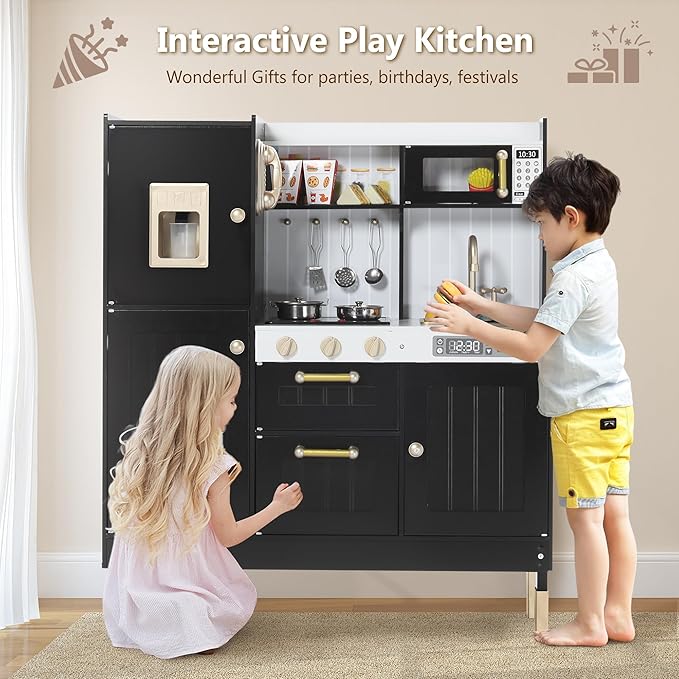 Kinder King Wooden Kids Play Kitchen, Kitchen Playset for Toddler Kid, Play Kitchen Toy Set w/Real Sounds, Pretend Microwave Oven, Ice Maker, Telephone, Gift for Boys Girls Age 3+,Black