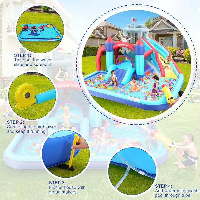 Inflatable Water Slide, 10 in 1 Bounce House Water Park with 580W Blower Climbing Wall, Splash Pool, Cannon, Jump Area, Basketball Hoop, Ball Gate, Water Slides Kids Bouncy Castle for Backyard Fun