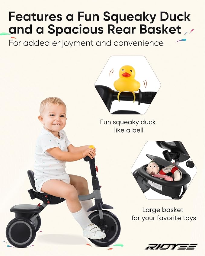 Tricycle for Toddlers 18 Months to 5 Years with Removable Push Handle, Tricycles for 3-5 Year Olds Ideal for On-The-Go Families, Adjustable Carry-Friendly Seat, Grey