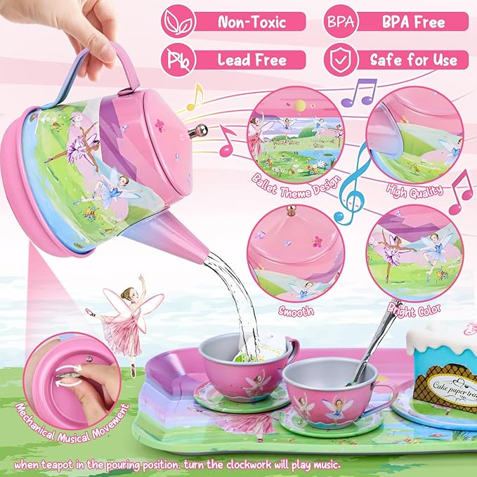 Tea Party Set for Toddles 3-5,53PCS Musical Kids Tea Set for Little Girls with Dessert,Cookies,Doughnut,Cake,Cake Stand,Tablecloth & Carrying Case,Kitchen Pretend Play Toys for Girls Boys Age 3-6