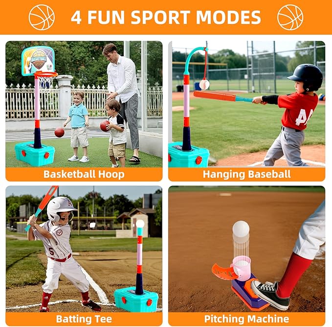 Kids Basketball Hoop and T Ball Set for Toddler 3-5, 4 in 1 Height Adjustable - Toddler Basketball Hoop Indoor Toy for Kids Outdoor Basketball Goal, Portable Sport Toy Gifts for Boy Age 3 4 5