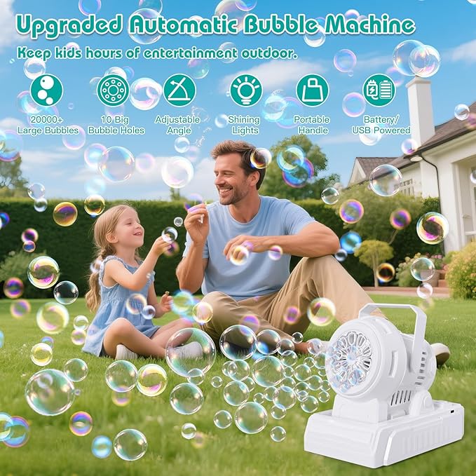 Panamalar Bubble Machine Adjustable Angle, 10 Big Holes Automatic Bubble Blower for Kids 20000+ Big Bubbles with Solution/Lights, Portable Outdoor Bubble Maker Toys for Garden Party Wedding-White