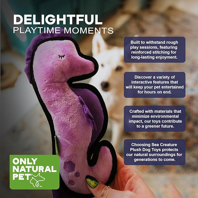 Only Natural Pet Sea Creatures Recycled Plush Dog Toys - Durable Double-Stitched Design with Internal Squeaker, Crinkle Coronet & Squishable Belly - Squeaky Pet Toy | Sedgwick The Seahorse, 4" x 11"