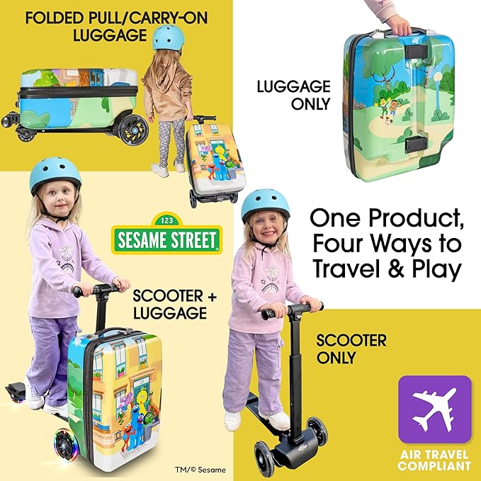 KIDDIETOTES Sesame Street 4-in-1 Detachable Scooter Luggage for Kids – Ride-On Suitcase with Removable Luggage Body, Adjustable Handlebar, Durable Deck & Brake – Carry-On Travel Bag
