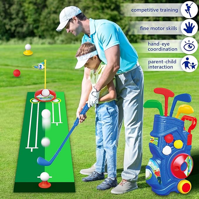 Letapapa Toddler Golf Set, Upgraded Kids Golf Clubs with Putting Mat, Toys for Boys 3 4 5+ Years Old, Indoor Outdoor Sports Golf Toys with 4 Clubs, 8 Balls, 2 Practice Holes, Shoulder Strap, 20 PCS