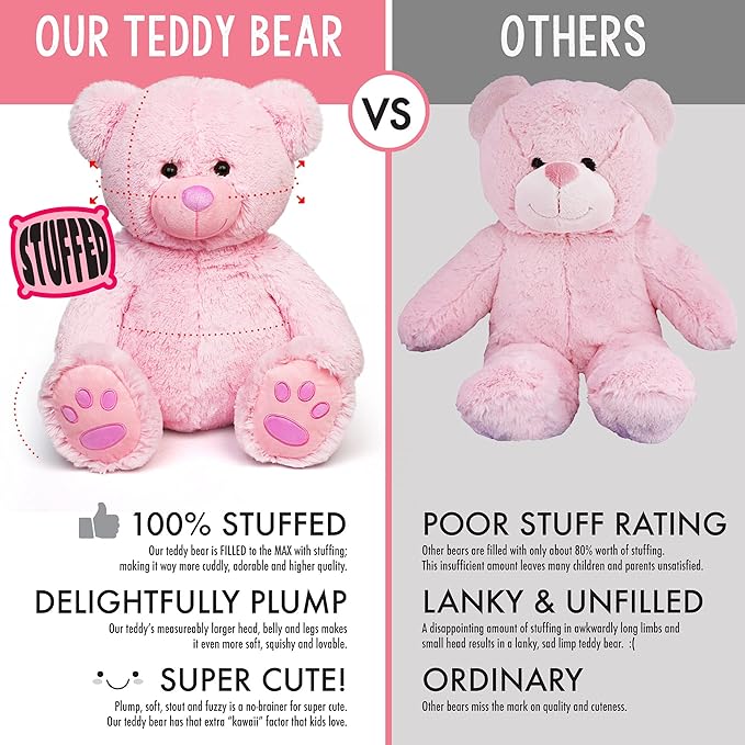 LotFancy Teddy Bear Stuffed Animals, 20 inch Pink Stuffed Bear, Cute Plush Toy with Footprints, Plushies for Kids Baby Toddlers on for Girlfriend, Easter Decoration