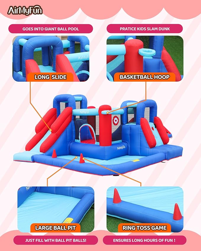 AirMyFun Bounce House,Bouncy Castle with Ball Pit,Inflatable Kids Double Slide with Air Blower, Castle Bouncer for Children Jumping Outdoor and Indoor Party