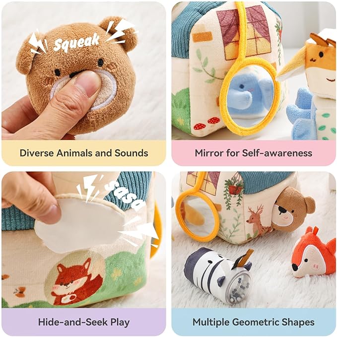 Youuys Travel Sensory Toys for Babies 6-12 Months & Toddlers 1-3 Year Old On-The-Go Montessori Soft Stuffed Animal Set with Crinkle, Rattle, Safe Mirror Educational for Kids Boy Girl