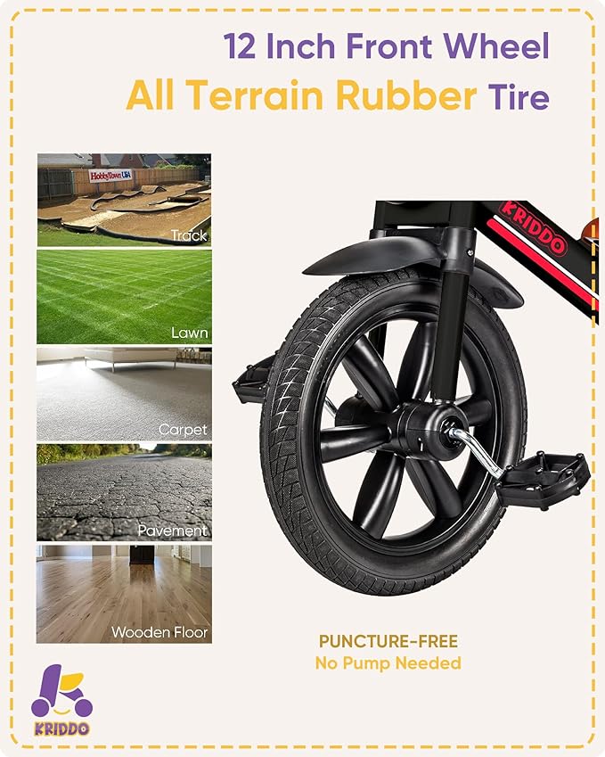KRIDDO Kids Tricycle, 12 Inch Puncture Free Wheel w Front Light, Adjustable Seat Height, Gift for 2-5 Year Olds, Trike for Toddlers, Black