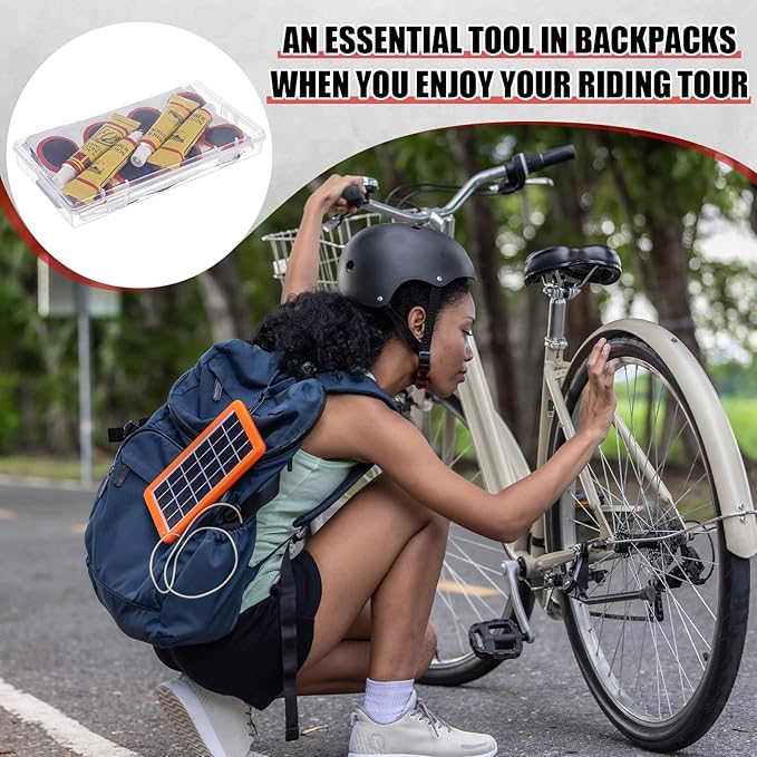 Tallew 72 Pcs Bike Tire Repair Kit with 50 Pcs Vulcanizing Patches, 12 Pcs Pre Glued Patches, 4 Pcs Vulcanizing Fluid, 4 Pcs Metal Rasp and 2 Pcs Plastic Levers for Cycling Motorcycle Bicycle