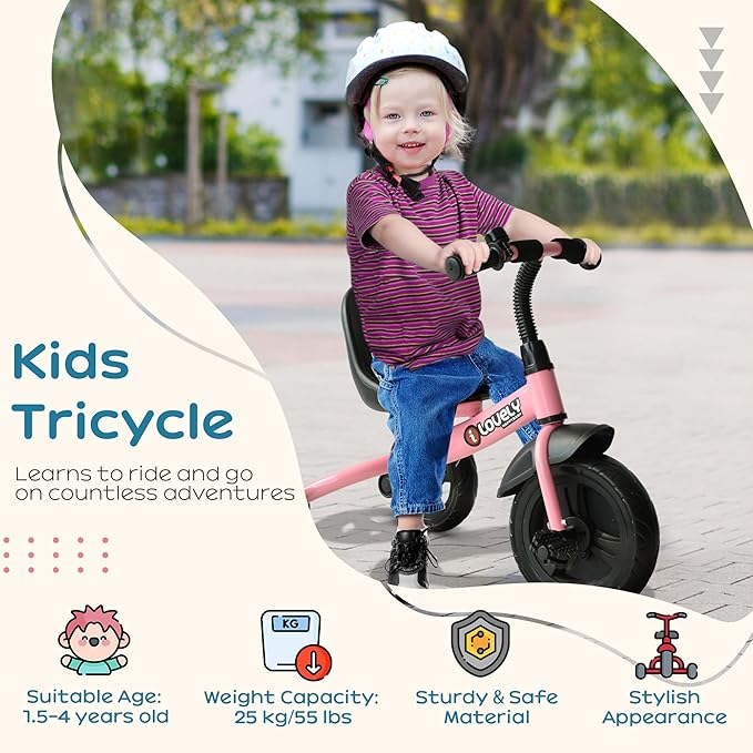 Qaba Toddler Tricycle, Kids Trike, 3-Wheel Bike for Toddlers 2-5 Years, Recreation Baby Tricycle for Boys and Girls with Bell Indoor Outdoor, Pink