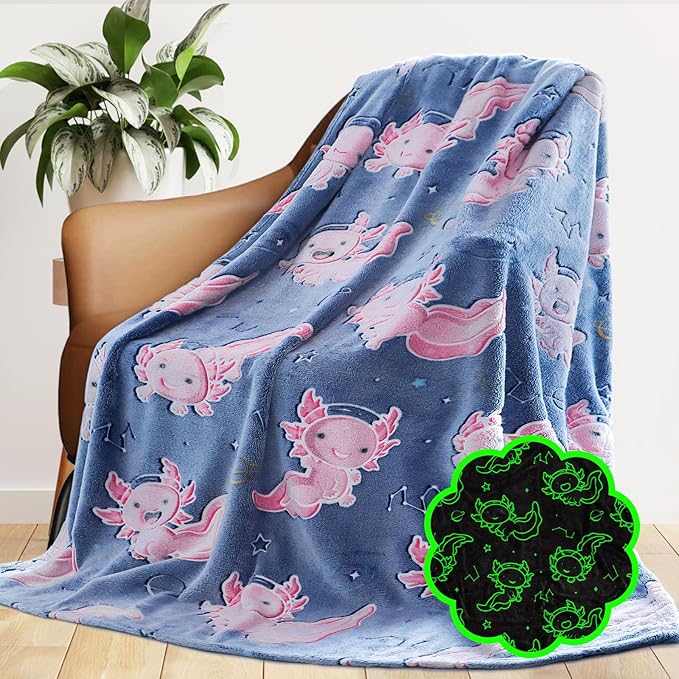 GEULAY Axolotl Twin Size Blanket for Bed & Couch - Glow in The Dark Axolotl Blanket Gifts for Girls Pink Salamander Fleece Twin Bed Throw Birthday Decoration for Bedroom All Season 60x80inch